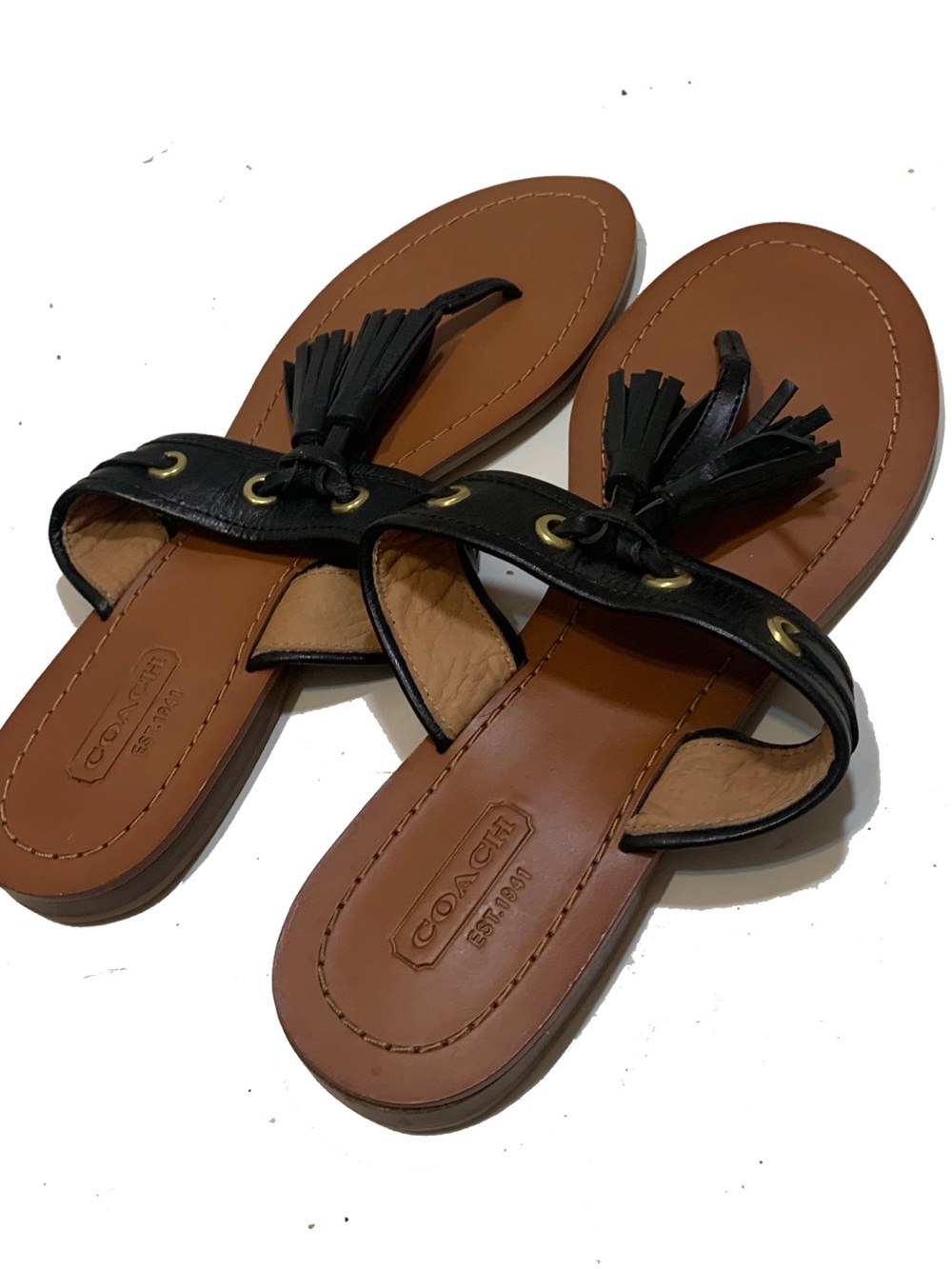 Coach Black Leather Tassel Slide Sandals with Brown Footbed